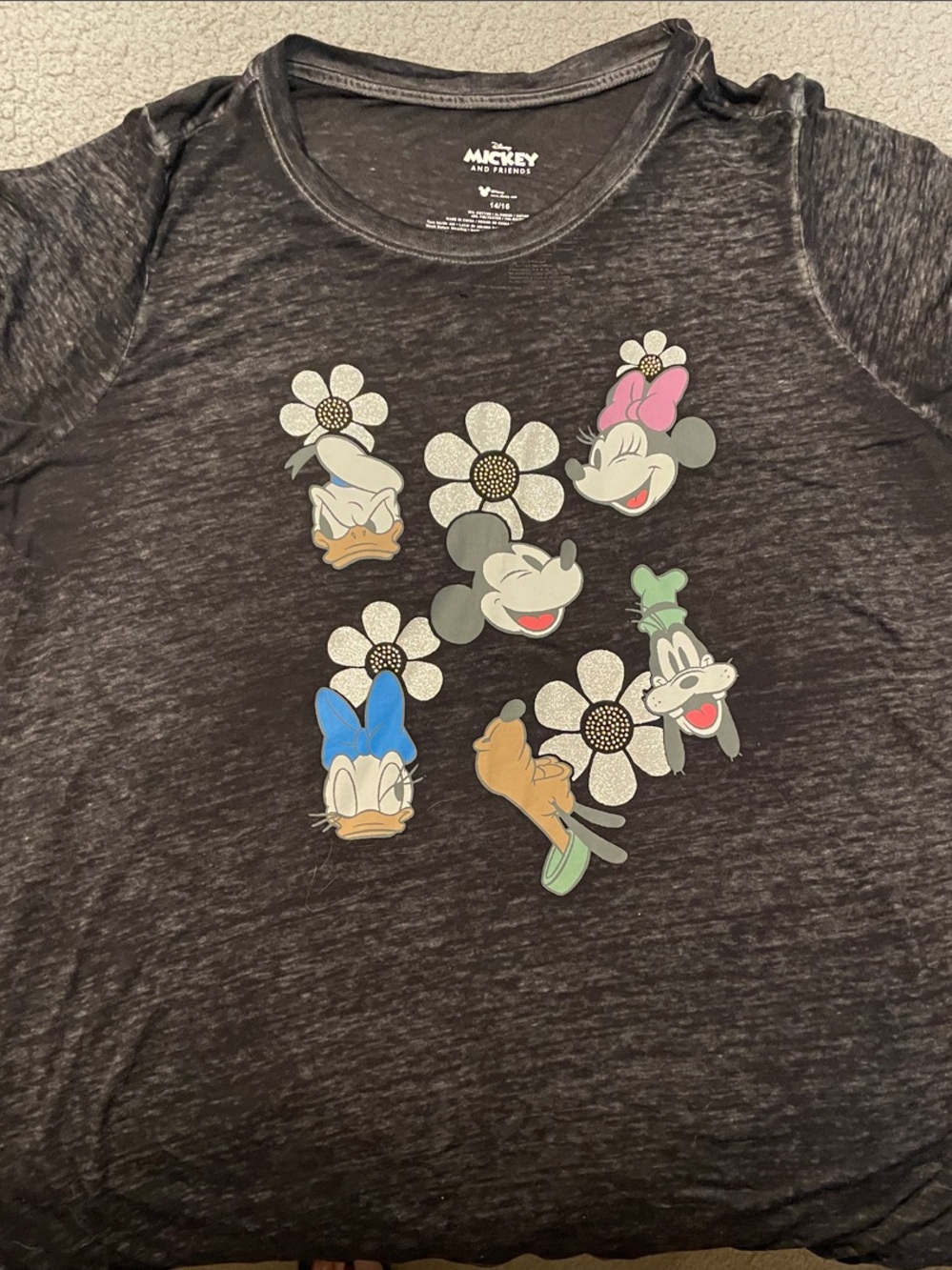 Disney Mickey & Friends womens Black Graphic Tee - Daisy Flower Faces